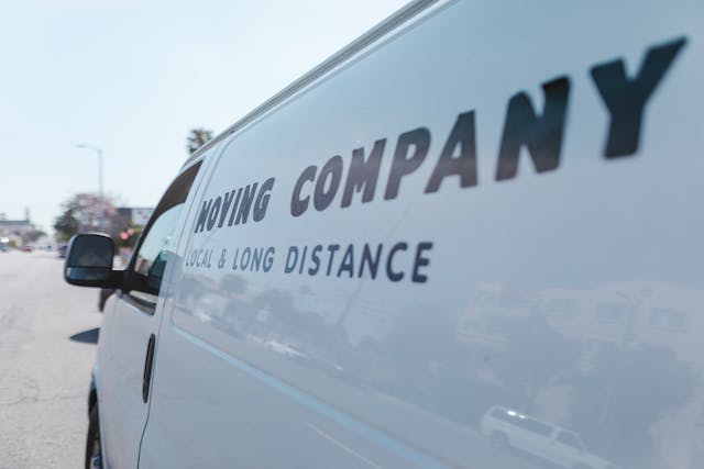 Close-up of a white moving van