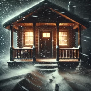 Snowy wooden house during snowfall at night