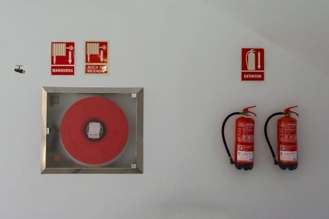 A fire extinguisher and fire extinguisher signs
