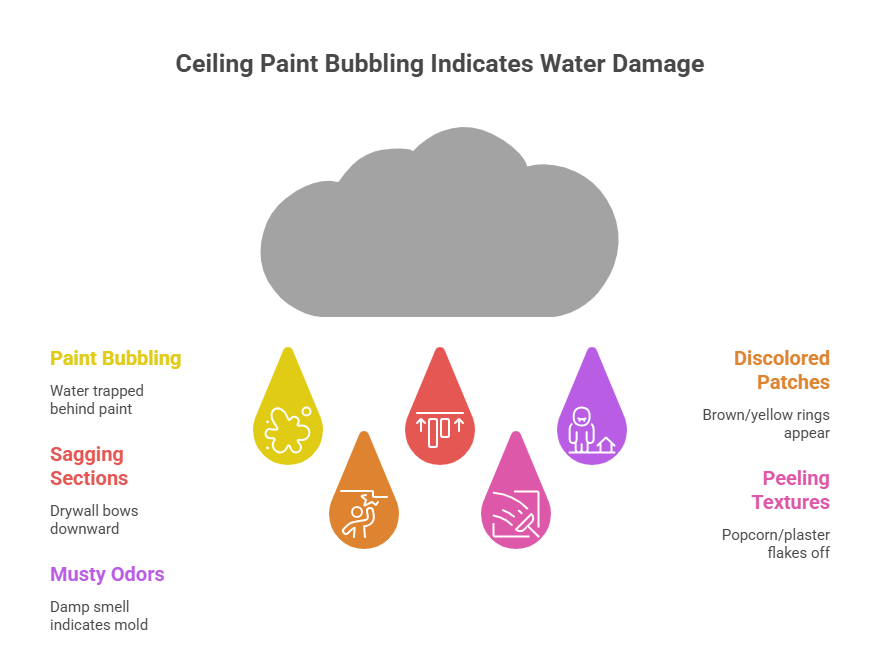 Ceiling Paint Bubbling Indicates Water Damage